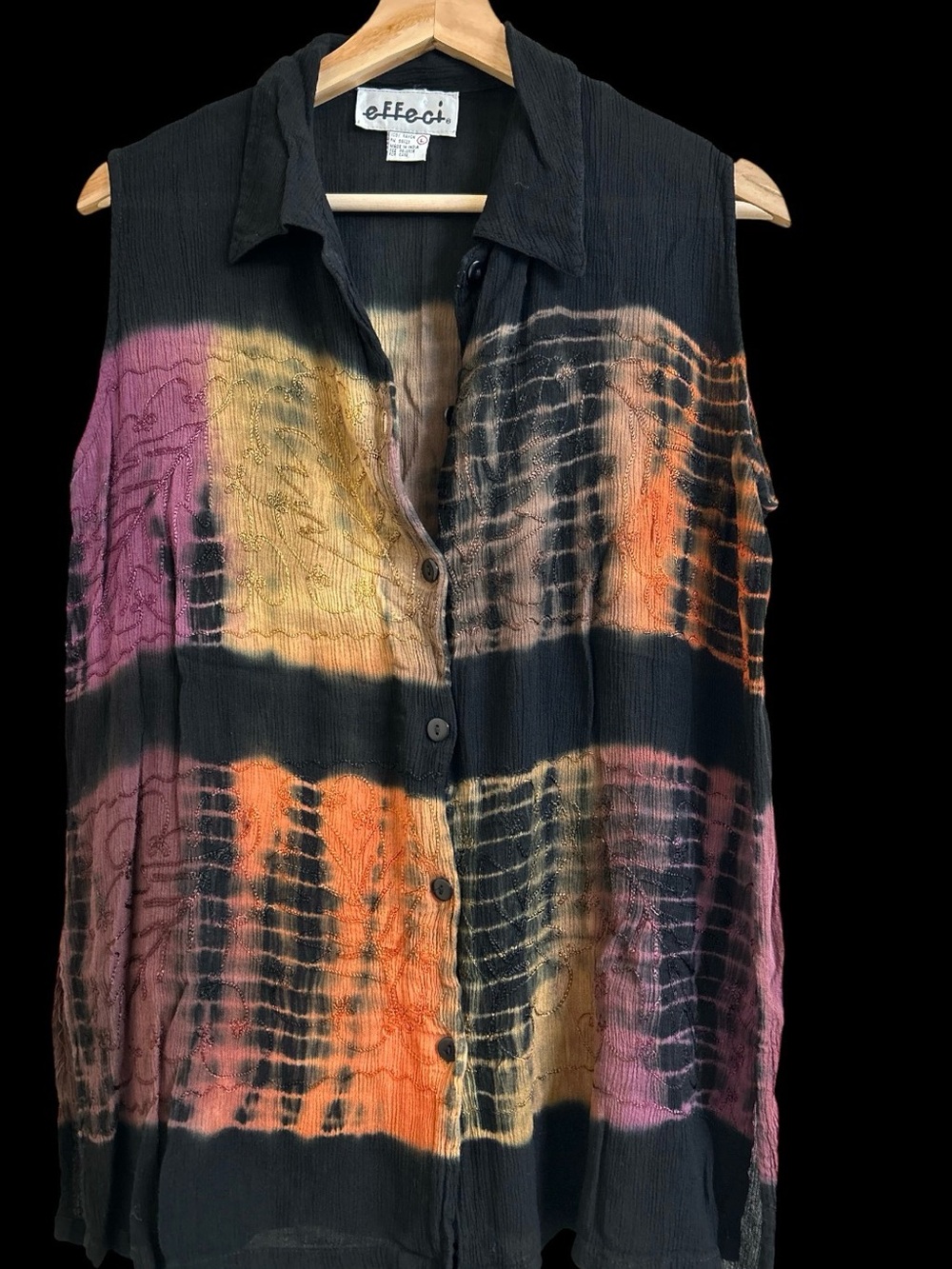 Effeci Black Sleeveless Button-Down Top with Multicolor Tie-Dye Panels